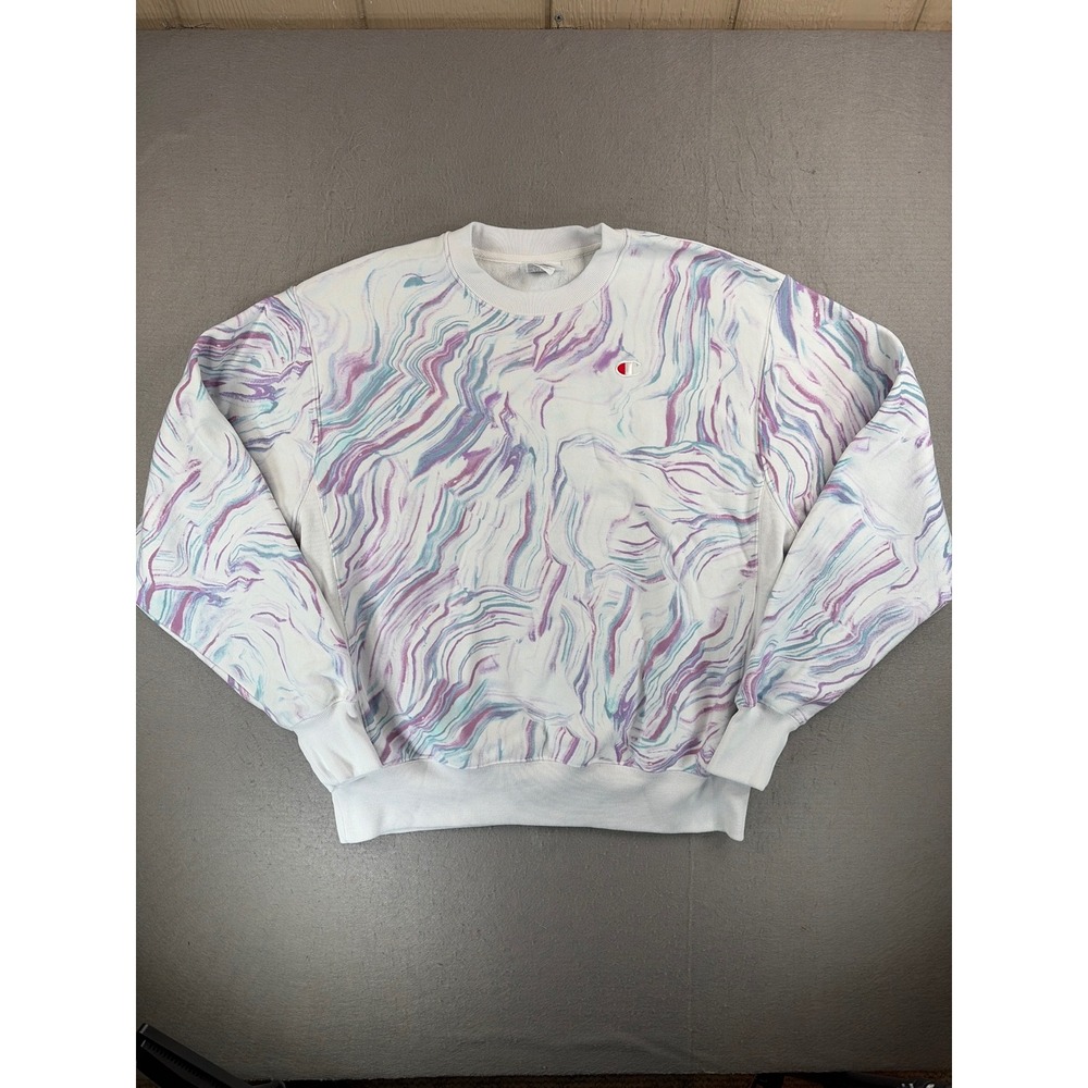 Champion Reverse Weave Marble Swirl Crewneck Sweatshirt Purple Teal White Large